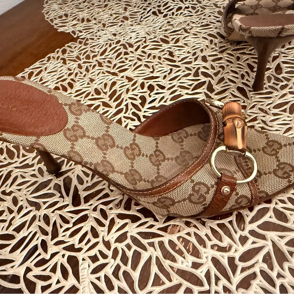Vintage Gucci Brown Bamboo Logo Mules - Picture 3 of 15